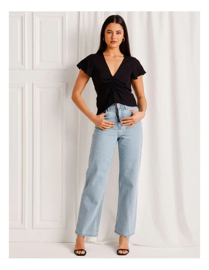 Ruched Detail Flutter Sleeve Top in Black image 2