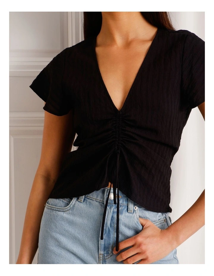 Ruched Detail Flutter Sleeve Top in Black image 3