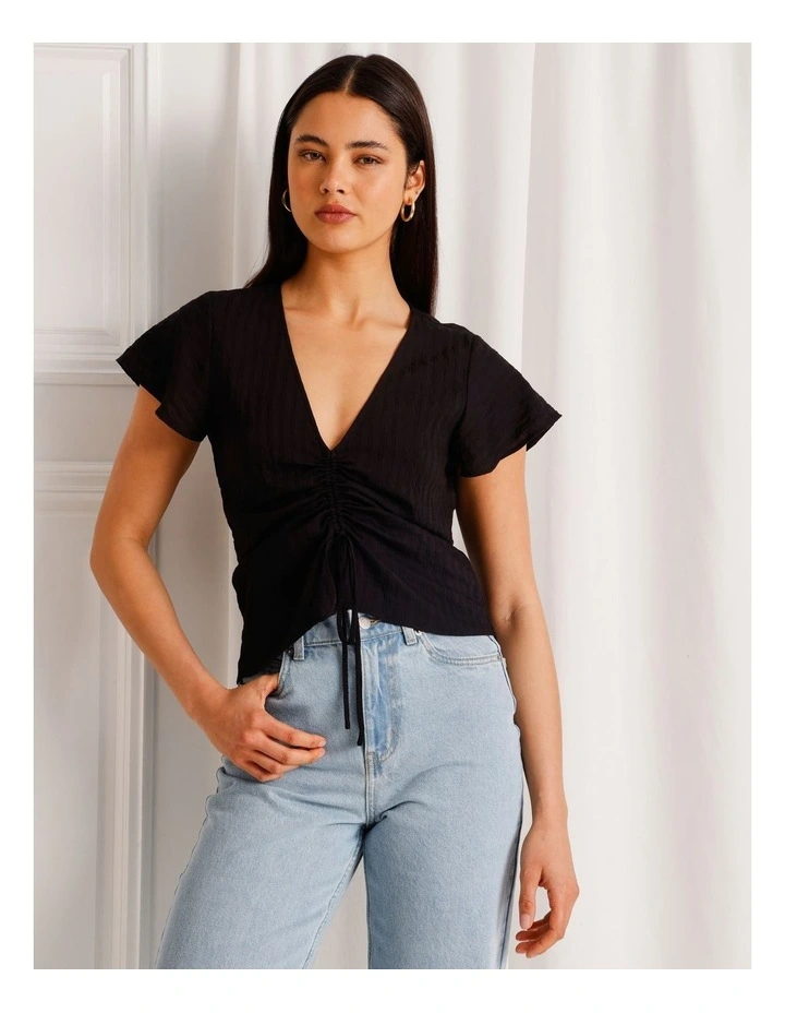 Ruched Detail Flutter Sleeve Top in Black image 4