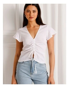 Ruched Detail Flutter Sleeve Top in White