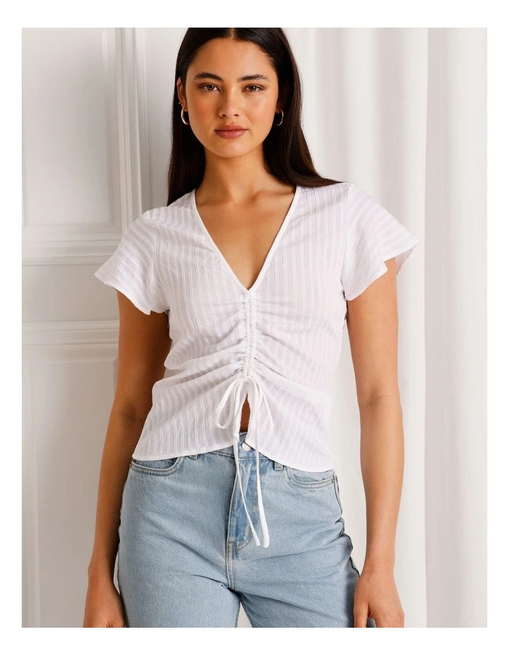 Ruched Detail Flutter Sleeve Top in White image 1
