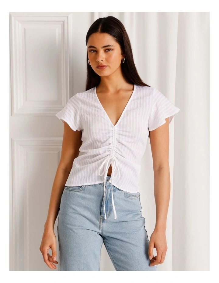 Ruched Detail Flutter Sleeve Top in White image 3