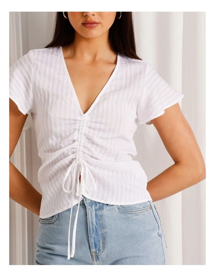 Ruched Detail Flutter Sleeve Top in White image 4