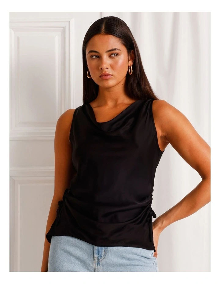 Satin Cowl Neck Tank in Black image 2