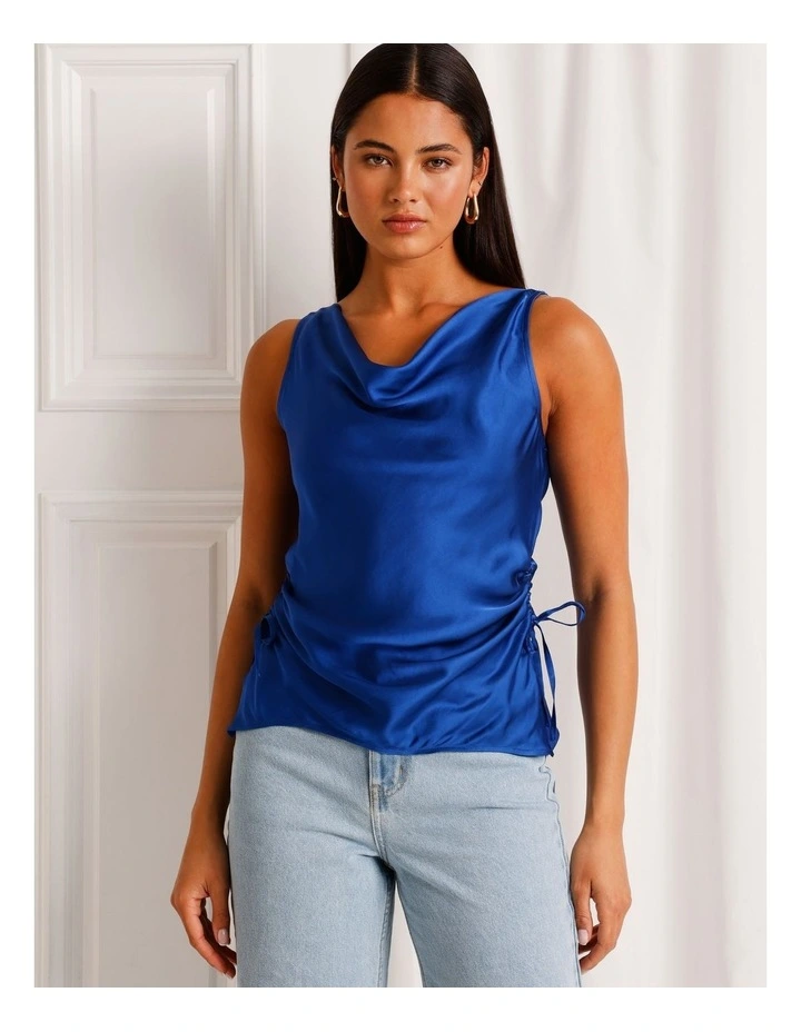 Satin Cowl Neck Tank in Cobalt image 3