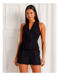 Linen Blend Tie Waist Sleeveless Shirt in Black