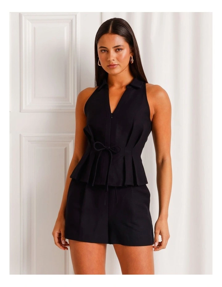 Linen Blend Tie Waist Sleeveless Shirt in Black image 1
