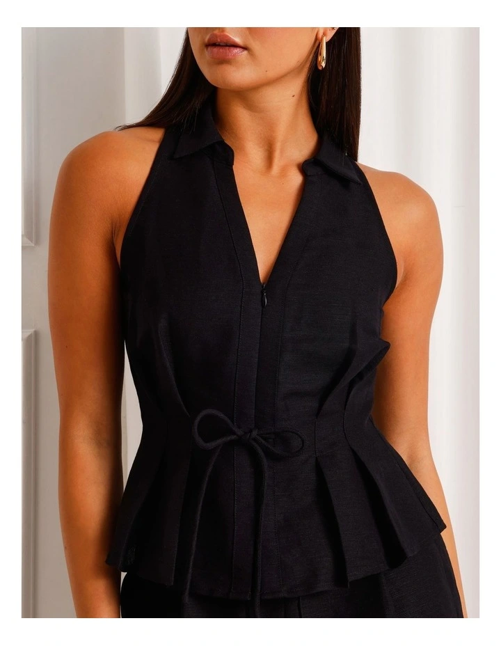 Linen Blend Tie Waist Sleeveless Shirt in Black image 3