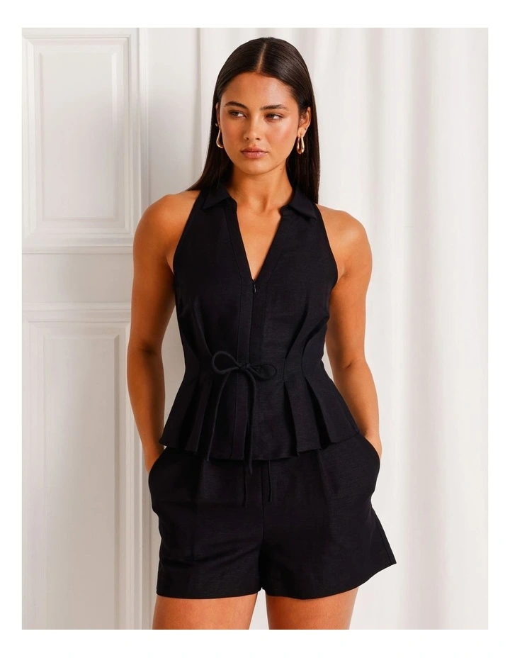 Linen Blend Tie Waist Sleeveless Shirt in Black image 4