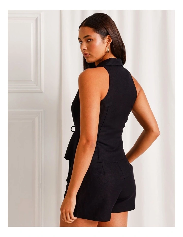Linen Blend Tie Waist Sleeveless Shirt in Black image 5