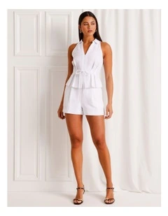 Linen Blend Tie Waist Sleveless Shirt in White