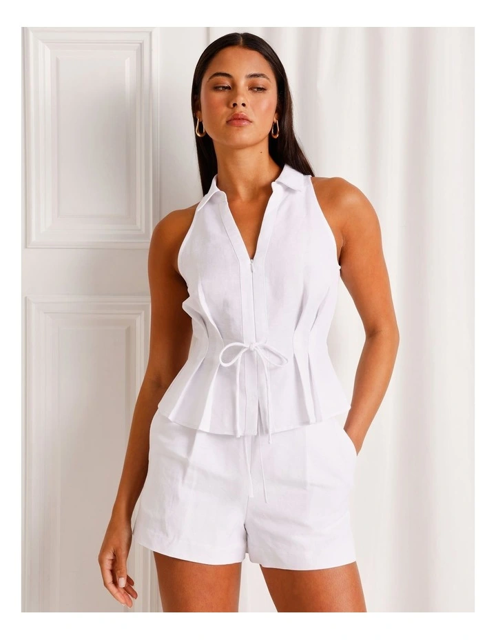 Linen Blend Tie Waist Sleveless Shirt in White image 2