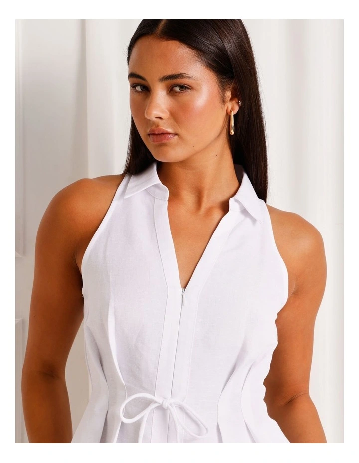 Linen Blend Tie Waist Sleveless Shirt in White image 3