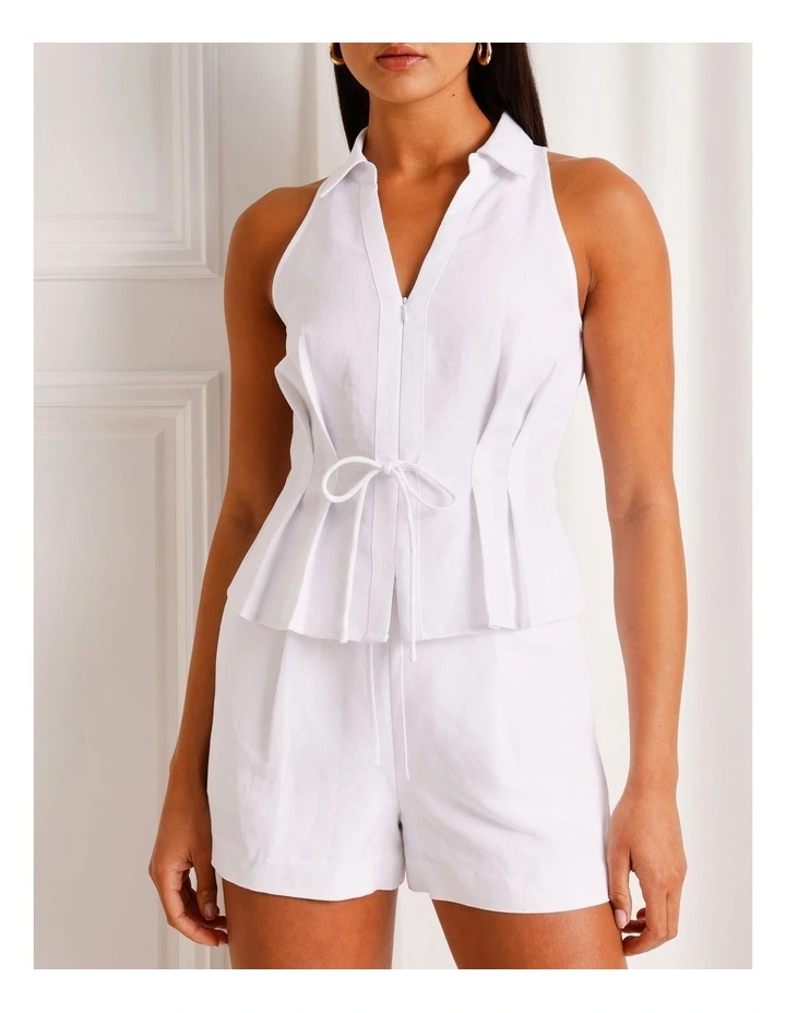 Linen Blend Tie Waist Sleveless Shirt in White image 4