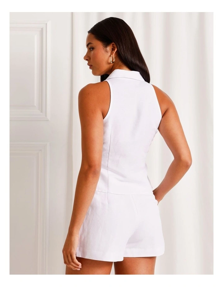 Linen Blend Tie Waist Sleveless Shirt in White image 5