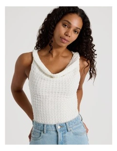 Textured Twist Cowl Neck Top in White
