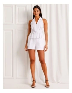 Linen Blend Tie Waist Short in White
