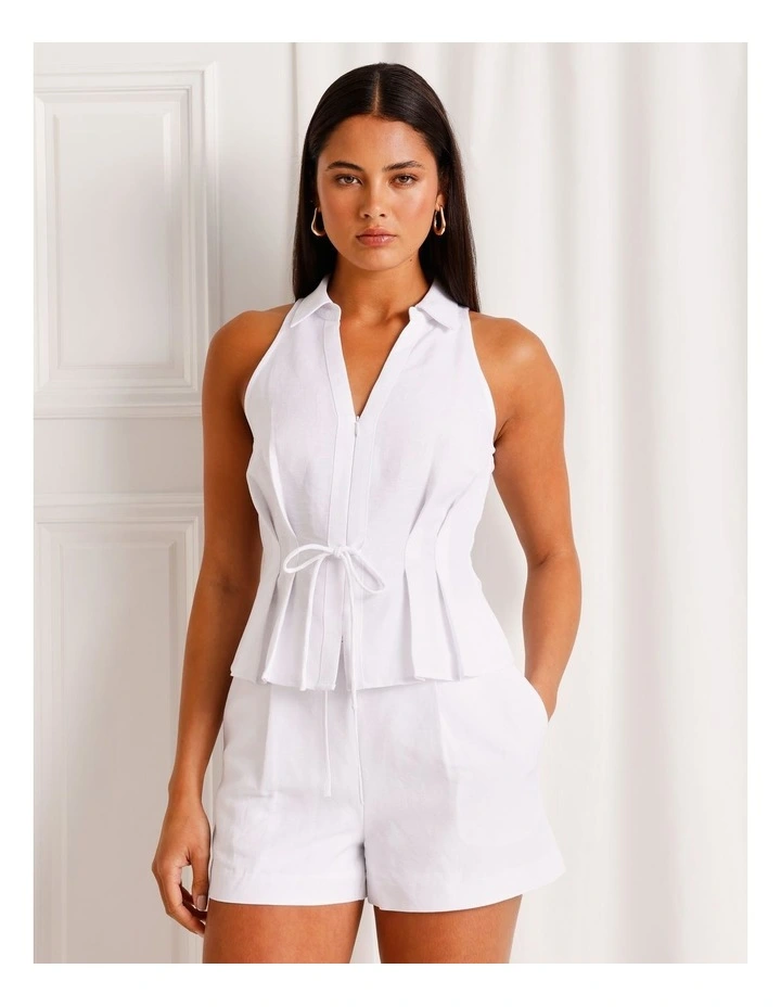 Linen Blend Tie Waist Short in White image 3