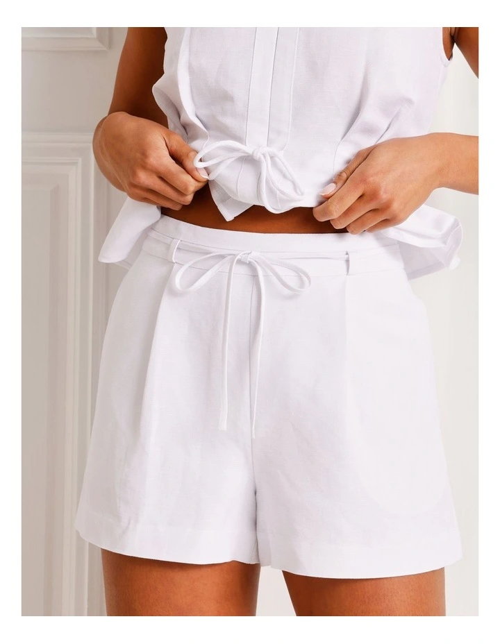Linen Blend Tie Waist Short in White image 4