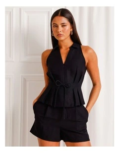 Linen Blend Tie Waist Short in Black