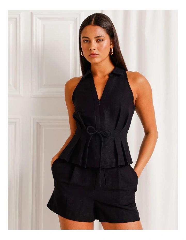 Linen Blend Tie Waist Short in Black image 1