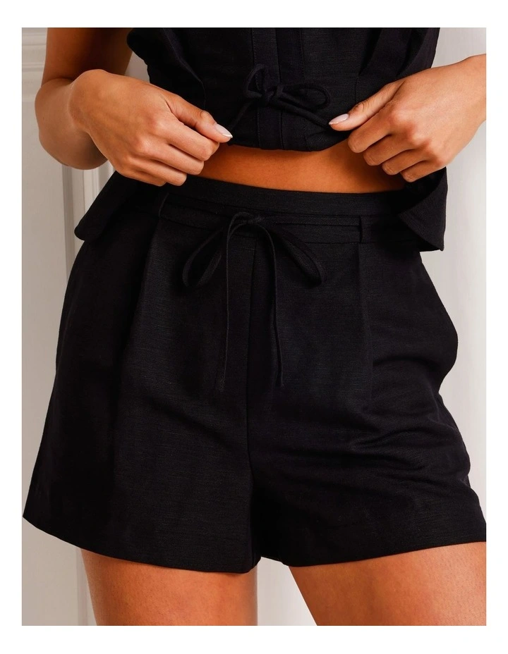 Linen Blend Tie Waist Short in Black image 4