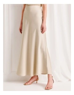 Mid Rise Maxi Satin Skirt in Stone