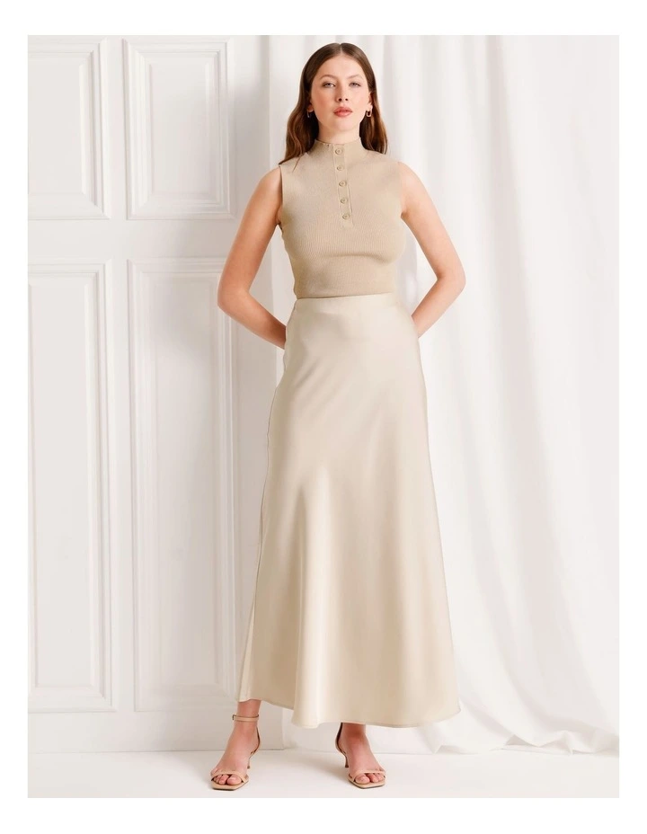 Mid Rise Maxi Satin Skirt in Stone image 2