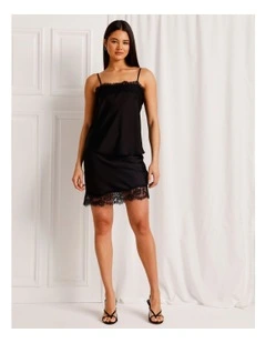 Satin Lace Trim Mini Skirt in Black