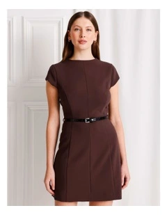 Cap Sleeve Mini Dress With Belt in Dark Brown