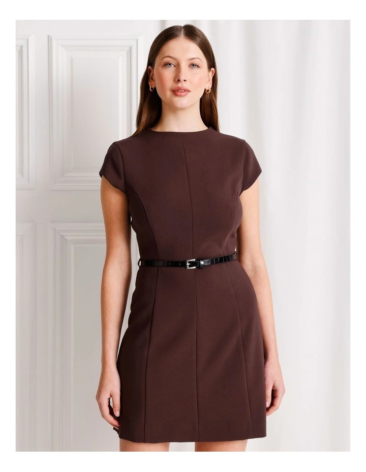 Cap Sleeve Mini Dress With Belt in Dark Brown image 1