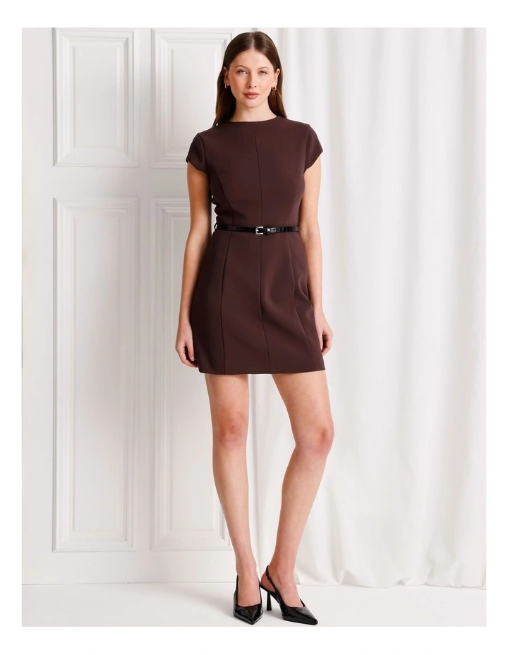 Cap Sleeve Mini Dress With Belt in Dark Brown image 2