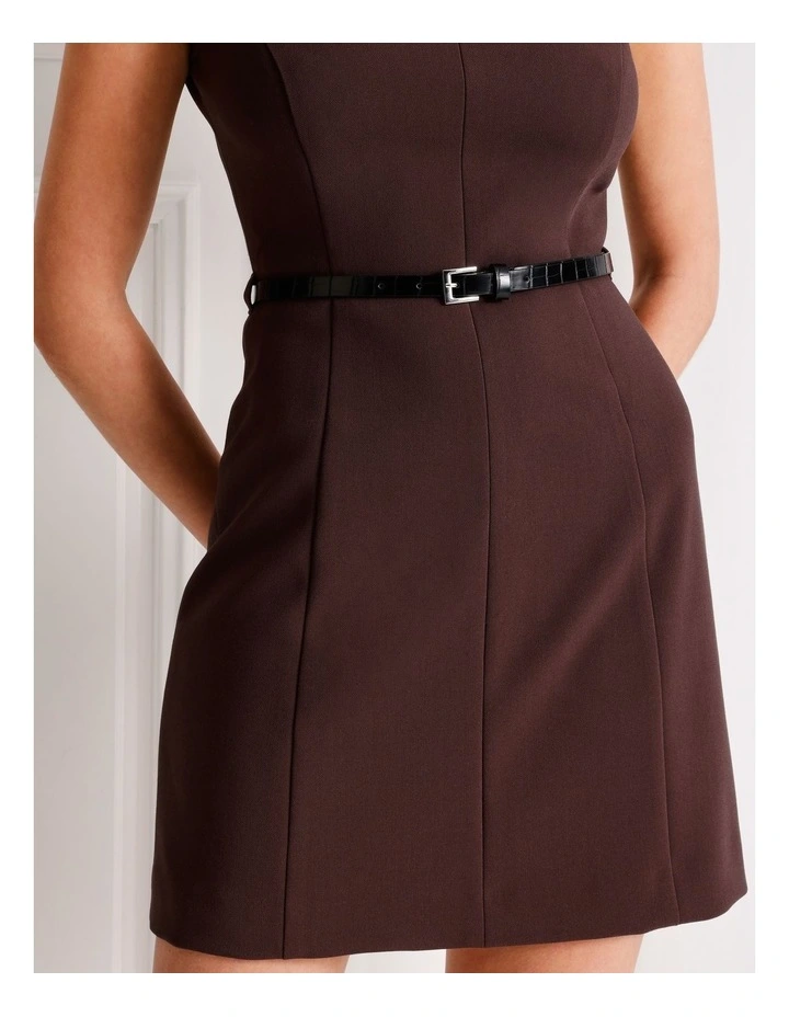 Cap Sleeve Mini Dress With Belt in Dark Brown image 3
