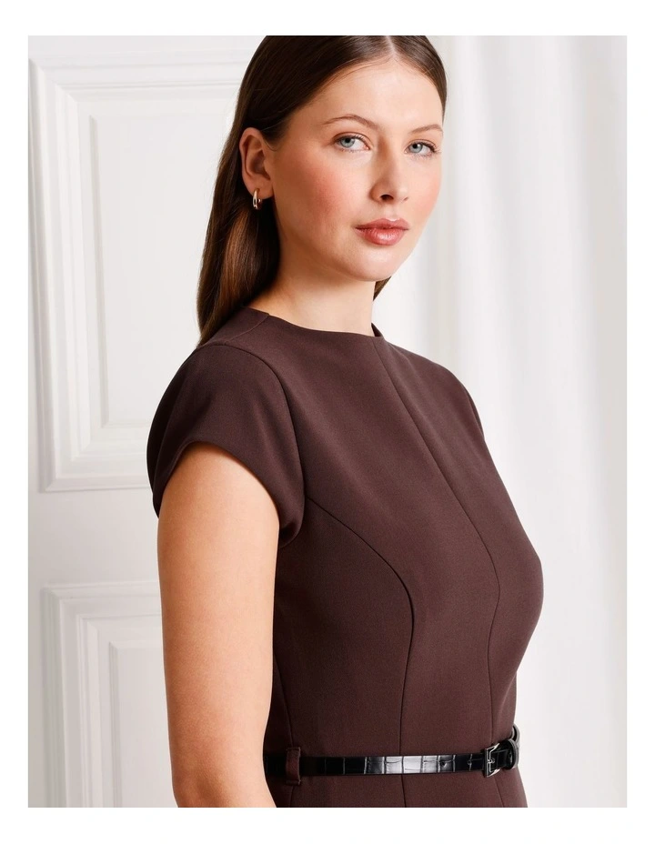 Cap Sleeve Mini Dress With Belt in Dark Brown image 4
