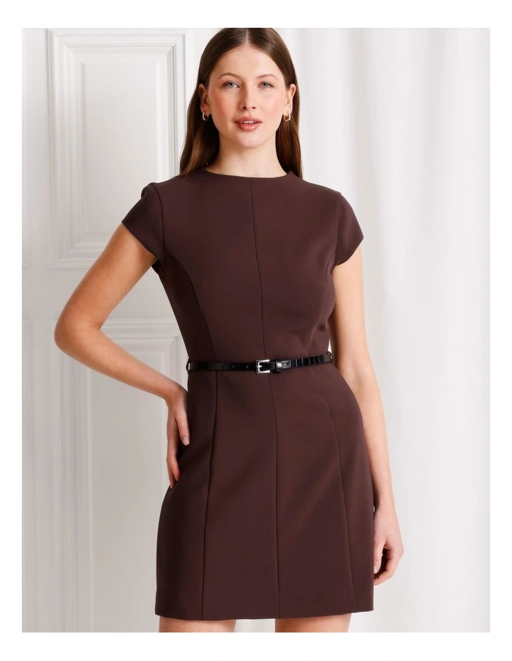 Cap Sleeve Mini Dress With Belt in Dark Brown image 5