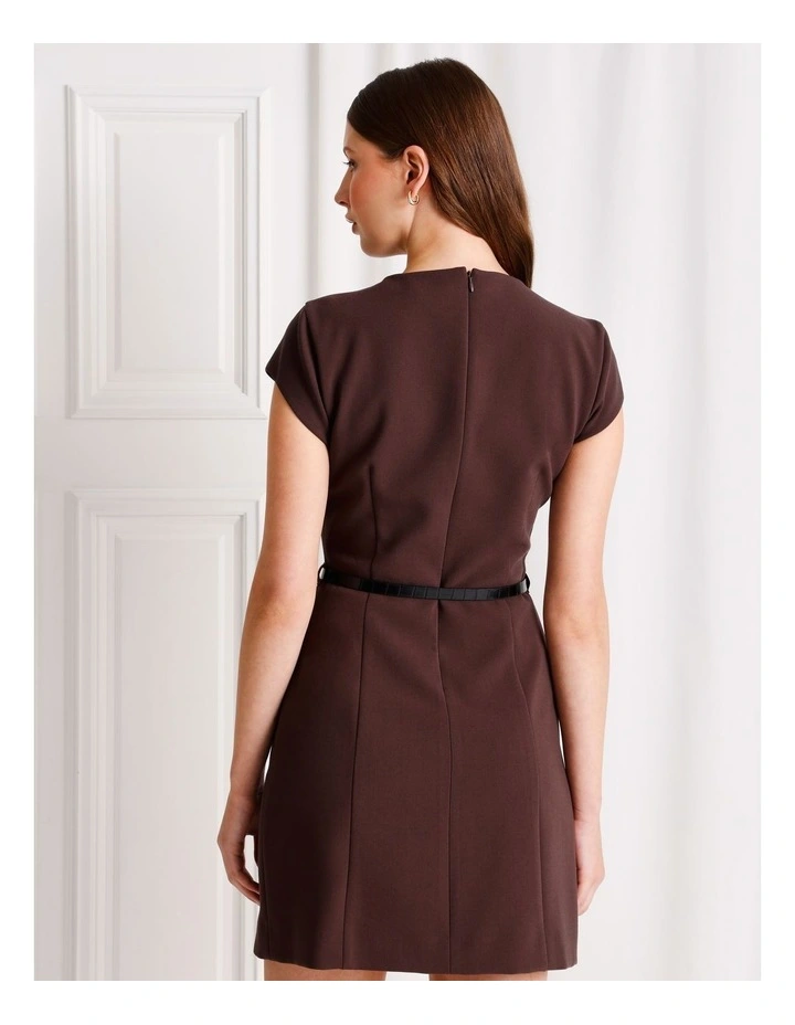 Cap Sleeve Mini Dress With Belt in Dark Brown image 6