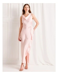 Satin Ruffle Maxi Dress in Light Pink