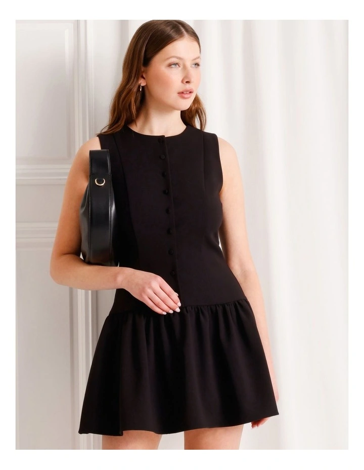 Tailored Drop Waist Mini Dress in Black image 3