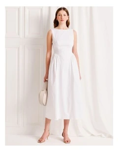 Boat Neck Volume Midi Dress in White