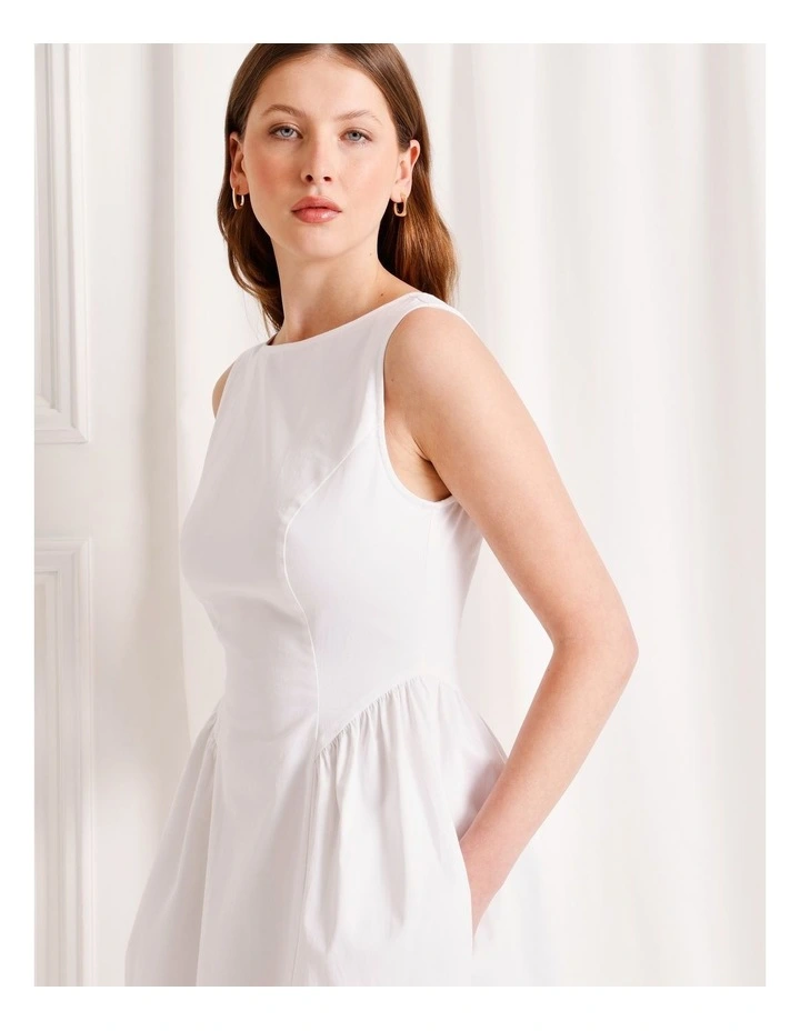 Boat Neck Volume Midi Dress in White image 2