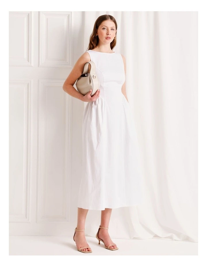 Boat Neck Volume Midi Dress in White image 3