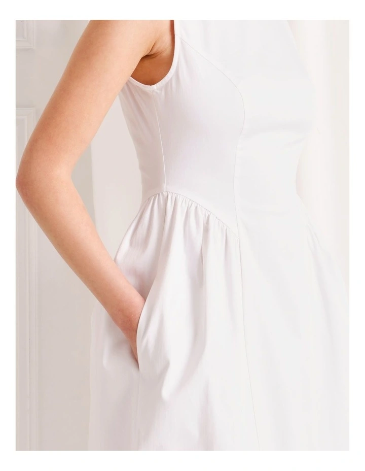 Boat Neck Volume Midi Dress in White image 4