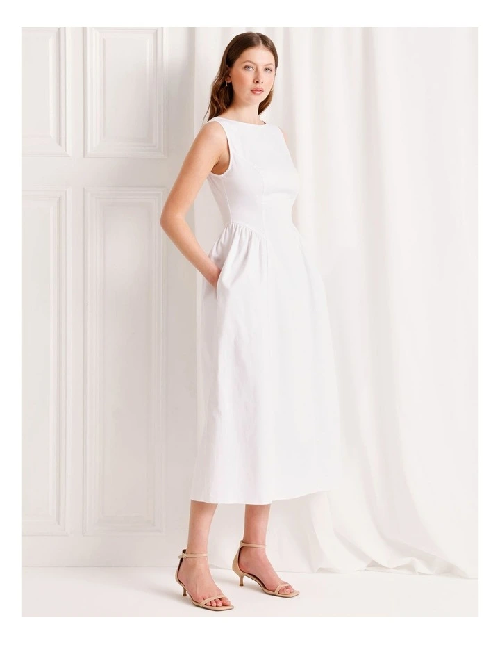 Boat Neck Volume Midi Dress in White image 5