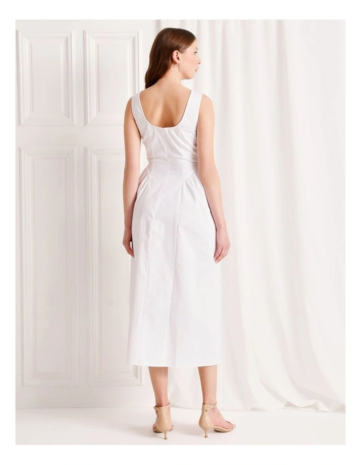 Boat Neck Volume Midi Dress in White image 6