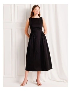 Boat Neck Volume Midi Dress in Black