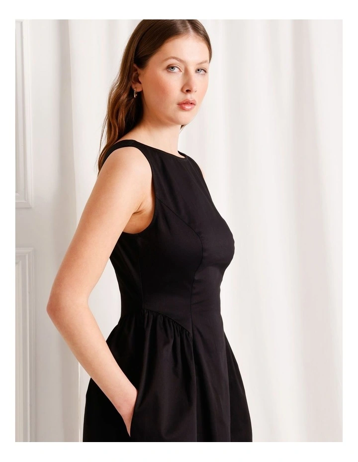 Boat Neck Volume Midi Dress in Black image 2