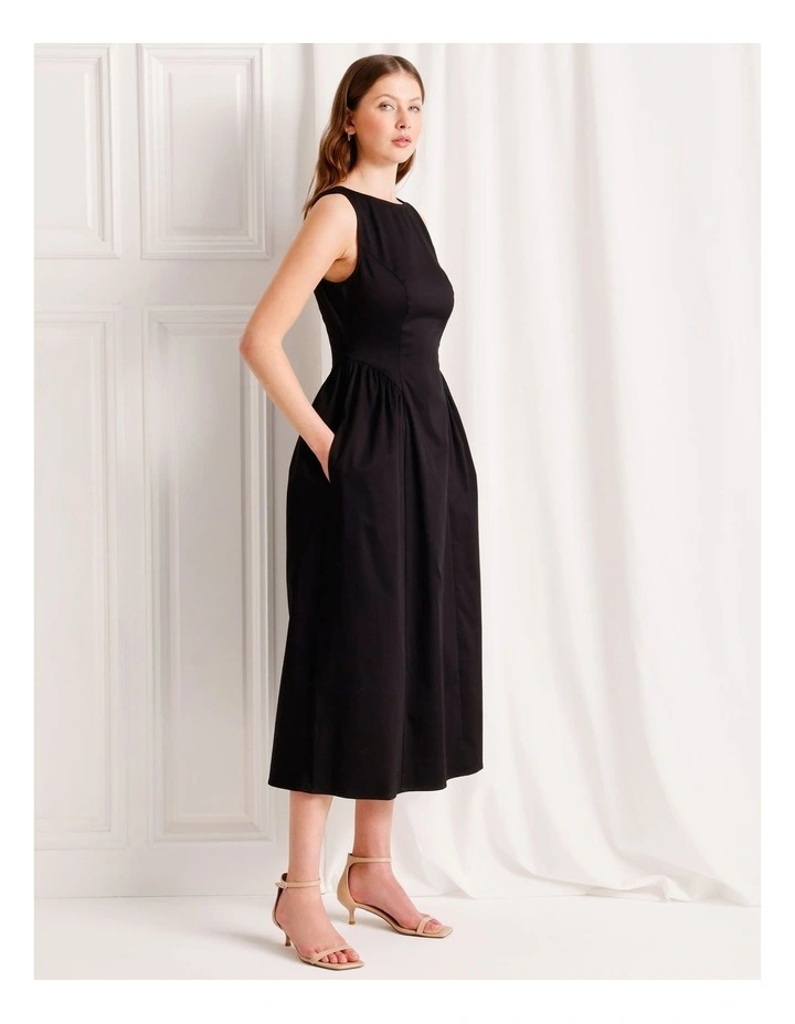 Boat Neck Volume Midi Dress in Black image 3