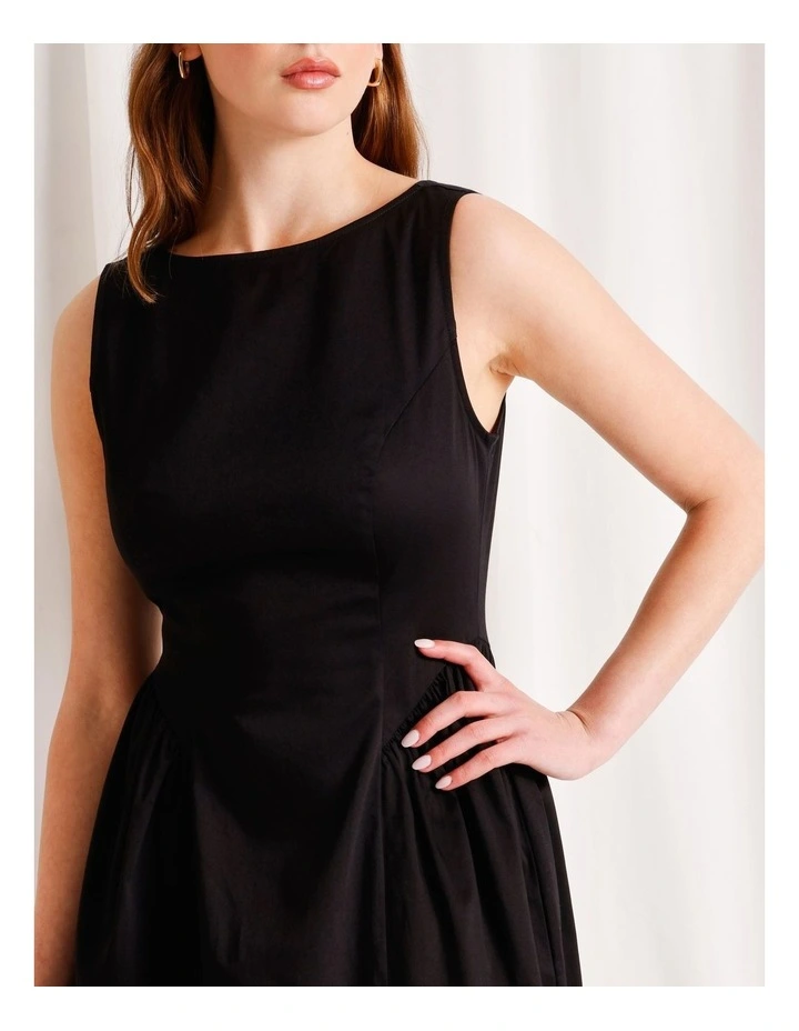 Boat Neck Volume Midi Dress in Black image 4
