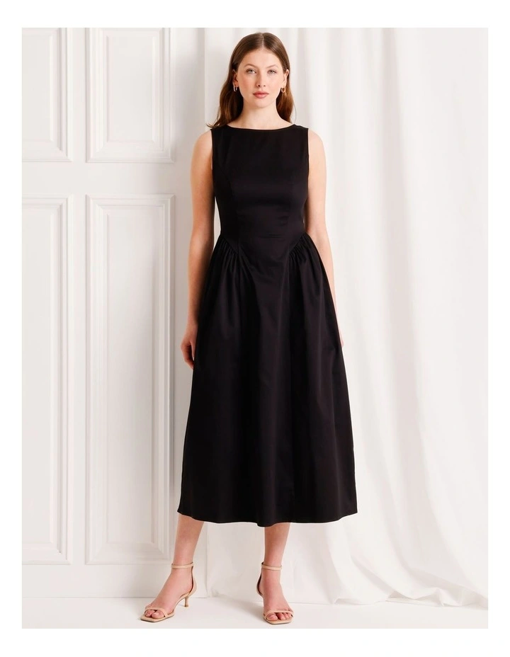 Boat Neck Volume Midi Dress in Black image 5