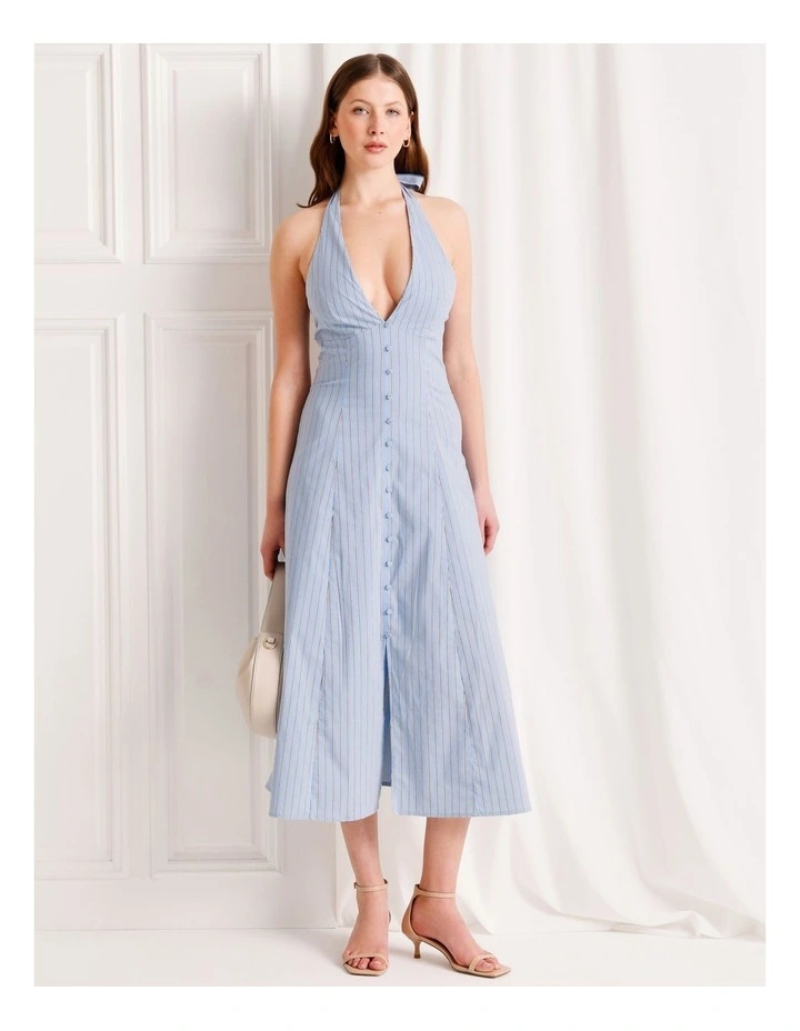 Poplin Halter Neck Midi Dress in Blue image 1